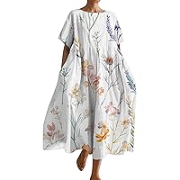 Womens Boho Dresses Flowy Floral Printed Casual Plus Size Short Sleeve Hide Belly Summer Maxi Dress for Women Trendy Wrap Tiered Long Dress Botanic Floral Dress