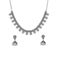Antique Silver Oxidized Ethnic Indian Traditional Leaf Charm Pink Thread Neck Dori Necklace Earrings Jewelry Set