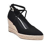Women's Wedges Espadrilles Pumps Elegant Faux Suede Round Toe Cross-Tied Ankle Strap Platform High Heel Shoes (Black,4.5)