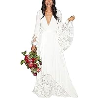 Macria Women's Winter Bohemian Beach Chiffon Lace Wedding Dresses Boho V-Neck Long Sleeves Bridal Gowns