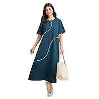 Women's Dresses Contrast Piping Tunic Dress - Modest Casual Round Neck Short Sleeve Maxi Dress Dress for Women