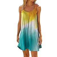Summer Sundress for Women Knee Length Fashion Night Sleeveless Super Soft Tunics Ruched Comfy Cotton Gradient Color Crew Neck Tunic for Women Yellow