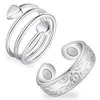 Feraco 2 PCS Lymphatic Drainage Therapeutic Magnetic Ring for Women Arthritis & Joint Pain Relief Lymph Detox Pure Copper Magnet Therapy Fingers Ring, Heart & Vintage Flower (Silver)