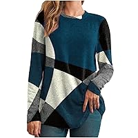 Women's Tops Long Sleeve Color Block T Shirt Casual Round Neck Patchwork T-Shirt Loose Fit Blouse Tunic Tee Pullover