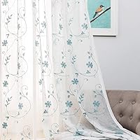 Blue Sheer Curtains 84 Inches Long, Floral Embroidered Rod Pocket Sheer Drapes for Living Room, Bedroom, 2 Panels, 52