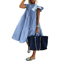 Dresses for Women 2024 Summer Crewneck Ruffle Cap Short Sleeve Side Pockets Mini Dress Sundress Flowy Beach Dress