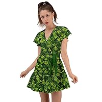CowCow Womens Ruffle V Neck Mini Dress Marijuana Cannabis Plant Marihuana Leaves Flutter Sleeve Wrap Dress