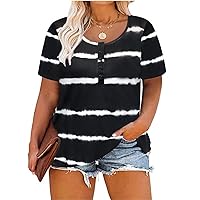 Plus Size Top for Women Tie Dye Black Striped Button Loose Causal Henley Shirt 4X Short Sleeve Tunic Round Neck Comfy Clothes 4XL 22W 24W