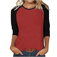 Womens Shirts Dressy Casual 3/4 Sleeve Color Block Tops Crew Neck Pullover Relaxed Fit Half Sleeve Tshirts Comfy Tunic Blouse