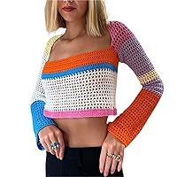Womens y2k Cover up Hollow Out Crochet Knitted Crop Tops Multicolor Stripes Trendy Y2K Tee Shirt for Teen Girls