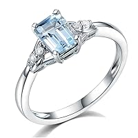 Genuine Natural Sea Blue Aquamarine Gemstone Pave Diamond Solid 14K White Gold Wedding Engagement Promise Band Ring for Women