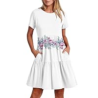 Women Casual Loose Floral Dress 2024 with Pockets Short Sleeve Midi Summer Beach Swing Printed Dresses