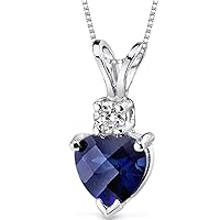 PEORA Solid 14K White Gold Created Blue Sapphire with Genuine Diamond Pendant for Women, Heart Shape Solitaire, 6mm, 1.20 Carats total
