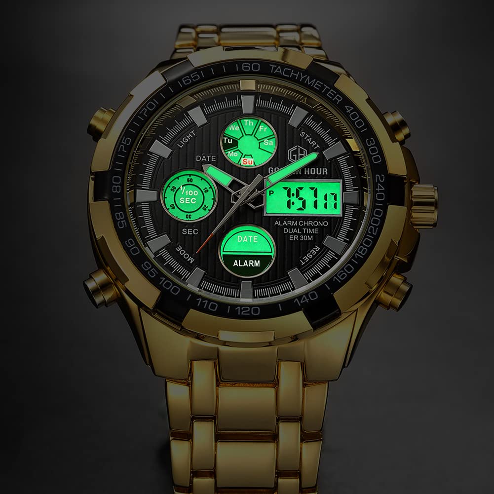 GOLDEN HOUR Luxus Edelstahl Analoge Digitaluhren für Männer Herren Outdoor Sport wasserdichte Große Schwere Armbanduhr