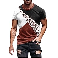Men's Color Block Leopard Print Short Sleeve T Shirt Casual Summer Geometric Graphic Tee Tops Crew Neck Shirts
