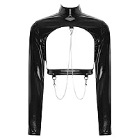 Womens Sexy Long Sleeve Cover Ups T-Shirt PVC Leather Open Front Shrug Crop Top with Metal Chains