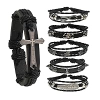 6 Pcs Adjustable Braided Cord Bracelet,Rope Bracelet for Men and Women,Fashion Cross Tag Bangle Adjustable Leather Punk Rock Skull Cuff Wristband Drawstring Rope Bracelet Black Set