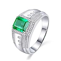 Solid 14K White Gold Natural Green Men's Emerald Ring Engagement Emerald Wedding Band for Man