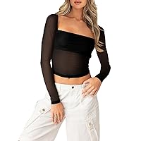 Imily Bela Womens Long Sleeve Crop Tops Mesh Square Neck Y2K Going Out Clubwear T Shirts