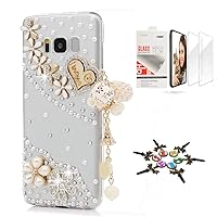 STENES Galaxy S8 Plus Case - STYLISH - 3D Handmade [Sparkle Series] Bling Heart Pearl Pendant Flowers Floral Design Cover Compatible with Samsung Galaxy S8 Plus with Screen Protector [2 Pack] - Gold