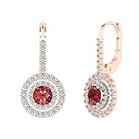 2.34cttw Round Cut Double Halo Solitaire Natural Scarlet Red Garnet Unisex Lever back Drop Dangle Earrings 14k 2tone Gold
