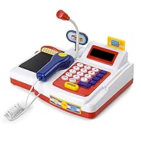 Cash Register Playset Toy for Kids with Scanner, Real Calculator, Microphone, Play Food, Supermarket Cashier, Sounds & Early Learning Play