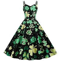 Women's Green Irish Outfits St. Patrick's Day Evening Print Party Prom Strap Big Swing Dress Cute Clover, S-2XL