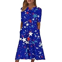 Women's Summer Dresses 2024 V-Neck Short Sleeve Dress Polka Printing Casual with Pockets 4Th of Dress, S-2XL