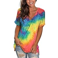 Women's V Neck T Shirts Short Sleeve Side Split Summer Casual Tops