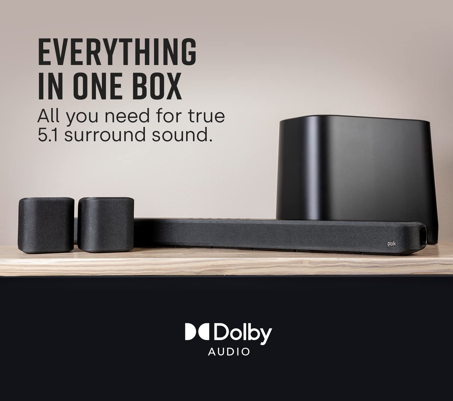 Polk True Surround III 5.1 Channel Wireless Surround Sound System, Includes Sound Bar, L & R Rear Surrounds and 7'' Subwoofer, Dolby Digital Decoding, Built-in Bluetooth, Easy Setup, Black