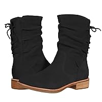 MOOMMO Lace Up Slouch Mid Calf Boots for Women Round Toe Side Zipper Calf High Riding Boots Vintage Chunky Block Low Heel Dress Boots Pleated Stretch Casual Comfort Party Street Winter 4-11 M US