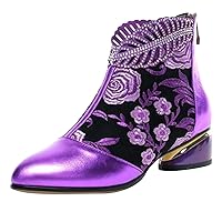 Women's Ankle Boot Vintage Embroidery Pointed Toe Zipper High Heel Short Naked Boots Shoes