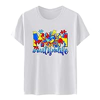 Mom Autismlife Letter Shirts Women's Cute Puzzle Love Heart Graphic Tee Tops 2024 Short Sleeve Crewneck Casual Tees