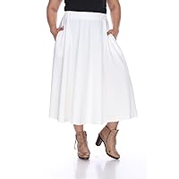 White Women's Plus Size Flared Midi Skirt with Pockets