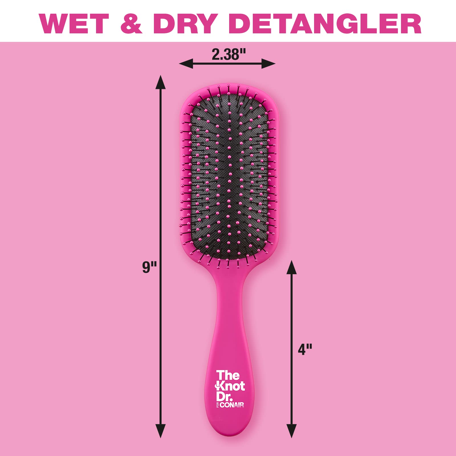 The Knot Dr. for Conair Hair Brush, Wet and Dry Detangler, Removes Knots and Tangles, For All Hair Types, Pink (Pack of 2)