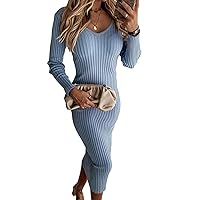Women's Sexy V Neck Midi Dress Long Sleeve Slim Knit Pullover Bodycon Ribbed Sweater Dresses Pencil Long Dress