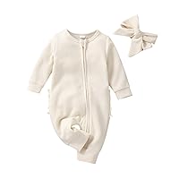 Newborn Baby Girl Ruffle Romper Knit Sweater Onesie Jumpsuit Long Sleeve Zipper Onesie Solid Fall Winter Outfits (A Waffle Knit Apricot,0-3 Months)