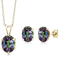 Gem Stone King Green Mystic Topaz Gold Plated Silver Pendant and Earrings Jewelry Set For Women (3.50 Cttw, Gemstone Birthstone, Oval 8X6MM and 7X5MM, with 18 Inch Chain), metal,gemstone, mystic topaz