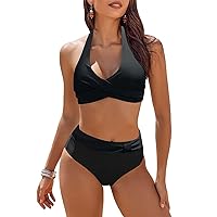 Bikini Swimsuit for Women 2 Piece Push Up Padded Wrap V Neck Bathing Suits High Waisted Beach Swimwear with Shorts