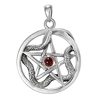 Sterling Silver Ouroboros Serpent Snake Pentacle with Natural Garnet