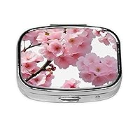 Cherry Japanese Cherry Blossom Print Square Pill Box with 2 Compartment Portable Mini Pill Case Metal Pill Organizer Pill Container for Pocket Purse Office Travel, Black