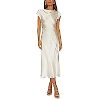 Womens Elegant Boat Neck Hollow Out Back Silk Solid Color Short Sleeve Maxi Dress