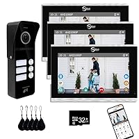 Wired Apartment Video Doorbell System 3 Units 10 Inch Touch Monitor Video Doorbell,Wireless Video Door Phone Kit, Support Monitoring, Unlocking, Dual Way Intercom for Home (10 inch Monitor)