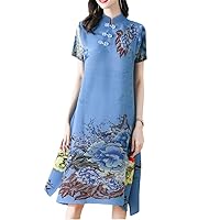 Summer Women Pleated Dress Chinese Style Loose Vintage Floral Print Buckle Stand Collar Improved Cheongsam Ladies
