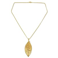 NOVICA Handmade Natural Leaf Necklace Gold Plated Pendant Flower Or Thailand Tree ' Forest Solo'