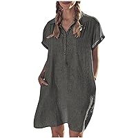 Women's Bohemian Casual Summer Round Neck Trendy Dress Solid Color Short Sleeve Knee Length Flowy Beach Swing Gray