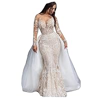 Illusion Long Sleeve Champagne Bridal Gowns Detachable Train Lace Mermaid Wedding Dresses for Bride 2023