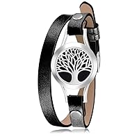 Wild Essentials Tree of Life Essential Oil Bracelet Diffuser, Leather Wrap Band, Stainless Steel Locket Pendant, 12 Color Refill Pads, Customizable Color Changing Perfume Jewelry, Aromatherapy, Black