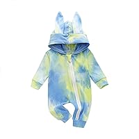 Infant Spring And Summer Boy And Girl Long Sleeve Tie Dye Printed Bunny Romper With Zipper Easter Mom Baby