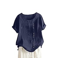 Women's ’S Plus Size Tops Neck Vintage Cotton and Hemp Solid Button Short Sleeve T-Shirt Top Mexican Shirts, S-5XL
